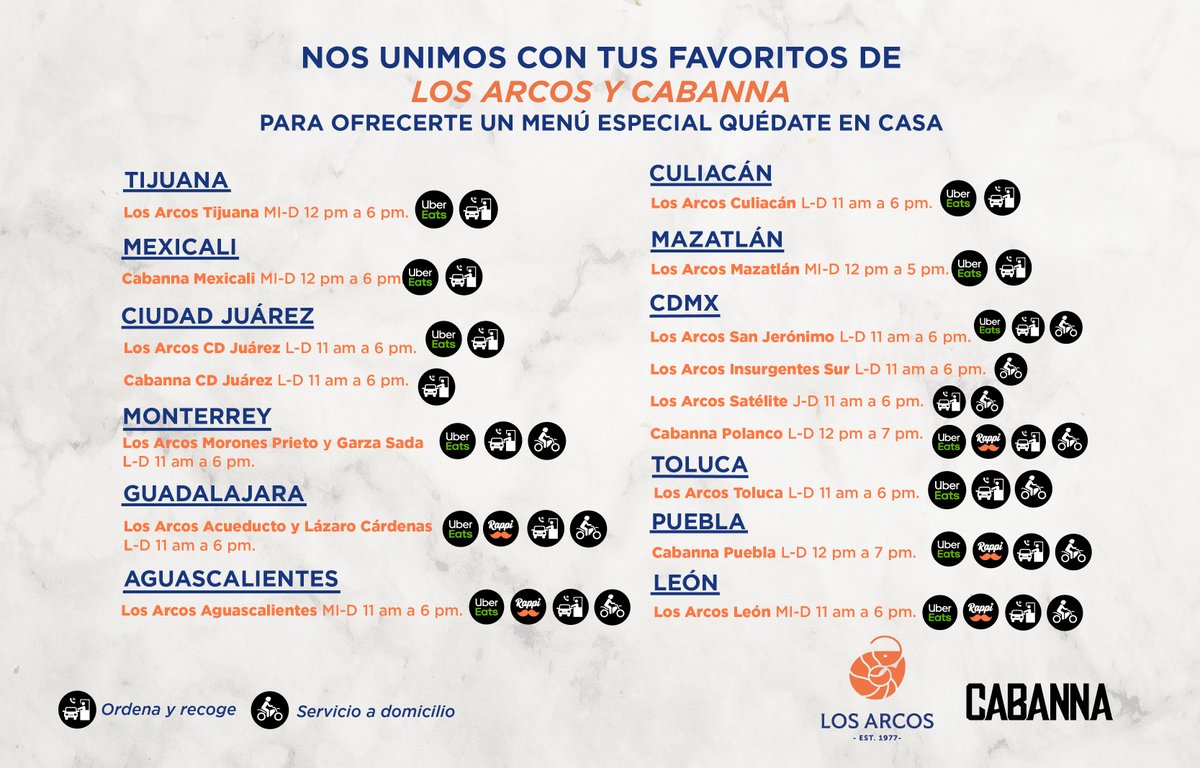 ¡ACTUALIZACIÓN! Nos unimos con los favoritos de #CABANNA y #LosArcos para consentirlos con nuestro menú especial #QuédateEnCasa, recuerda realizar tu pedido con anticipación. Encuentra tu sucursal disponible en cabanna.com.mx y restaurantlosarcos.com