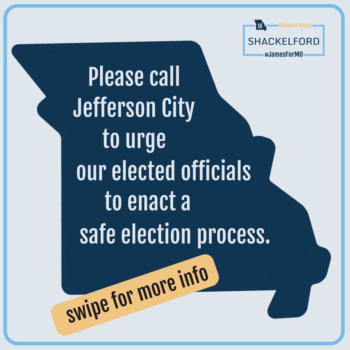 J_Shackelford's tweet photo. 2020 is a very important election year. During a pandemic, voting needs to be made safe and accessible for all Missourians. Please join me in urging our state leaders to allow voting by mail this year.
#keepmosafe #votebymail #moleg #jamesformo https://t.co/9wkpvjtdJU