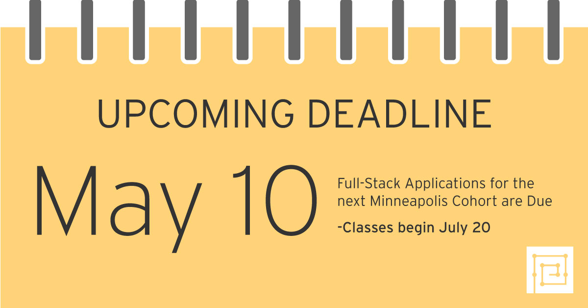 goprimeacademy's tweet image. There are a few days left to apply for the next full-stack cohort in #Minneapolis. Apply by May 10 and start on the path to a new career today! primeacademy.io/courses/engine… #CodeTomorrow #GoPrimeAcademy #TechCareers
