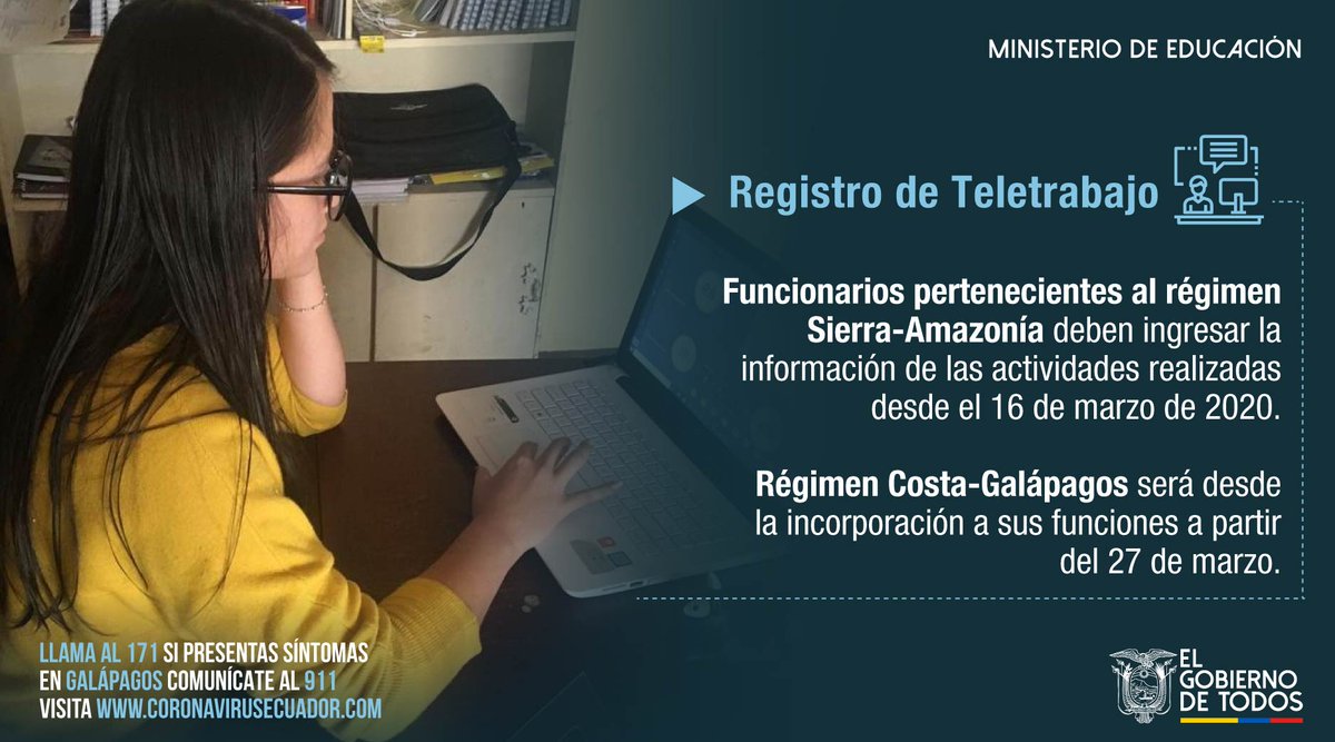 Educacion_Ec's tweet photo. Una vez registrada toda la información en la plataforma #TeletrabajoEc, el sistema almacenará los datos de manera digital, por lo que no es necesario imprimir el formulario, la notificación será recibida por correo electrónico. Más información ➡️ https://t.co/BXxXabYkDb https://t.co/UxGYl21xzz