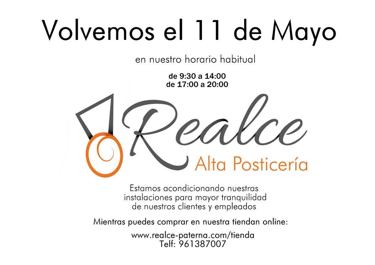 Abrimos nuestra tienda física  el 11 de Mayo. 
Mientras puedes hacer tus pedidos en: realce-paterna.com/tienda
#juntosLoLograremos
#RealceVuelve #RebajasRealce