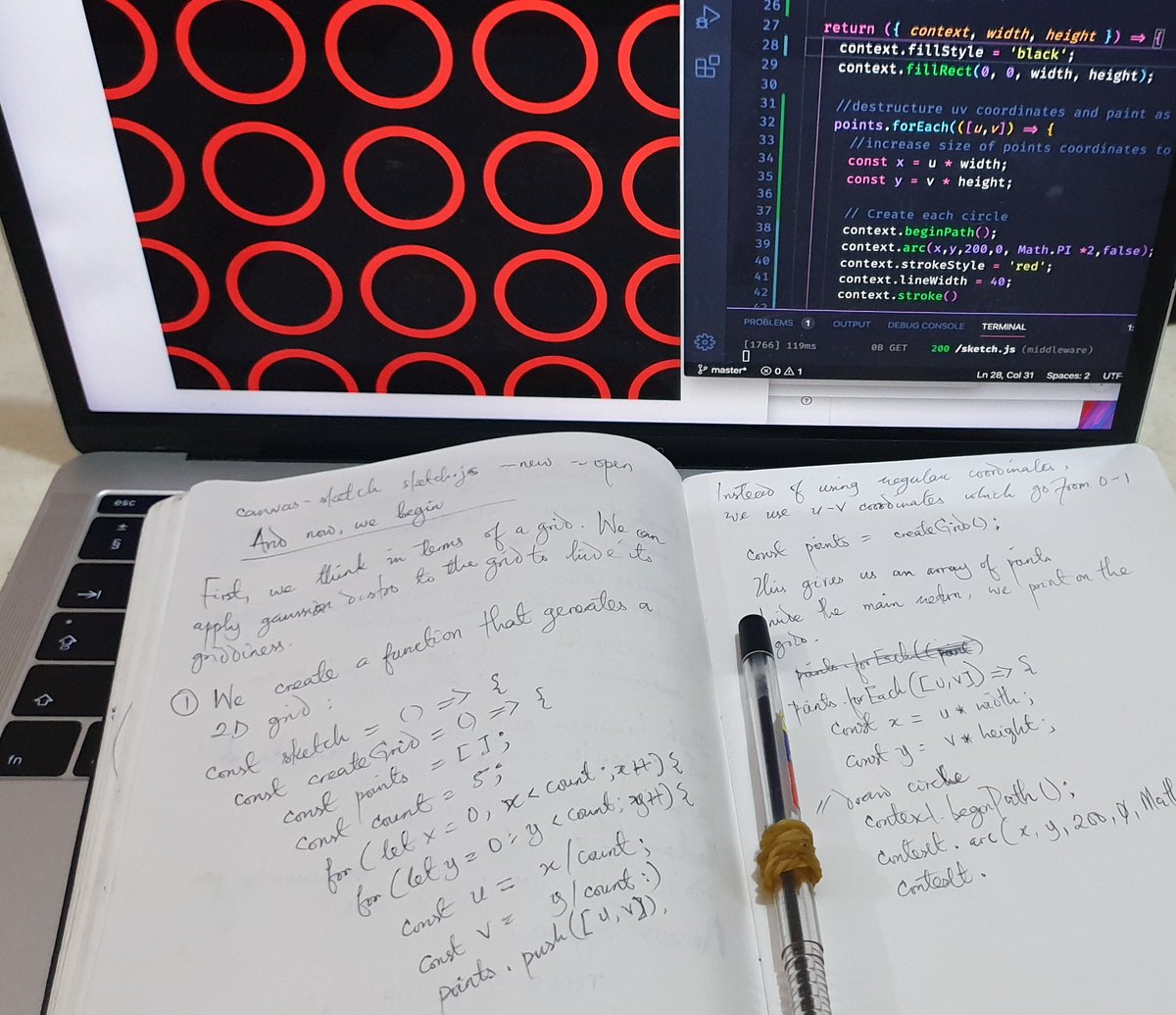 Day 1: using the canvas-sketch cli to interface with Canvas API. Lots of paper note taking because typing is still painful.  #100DaysOfCode