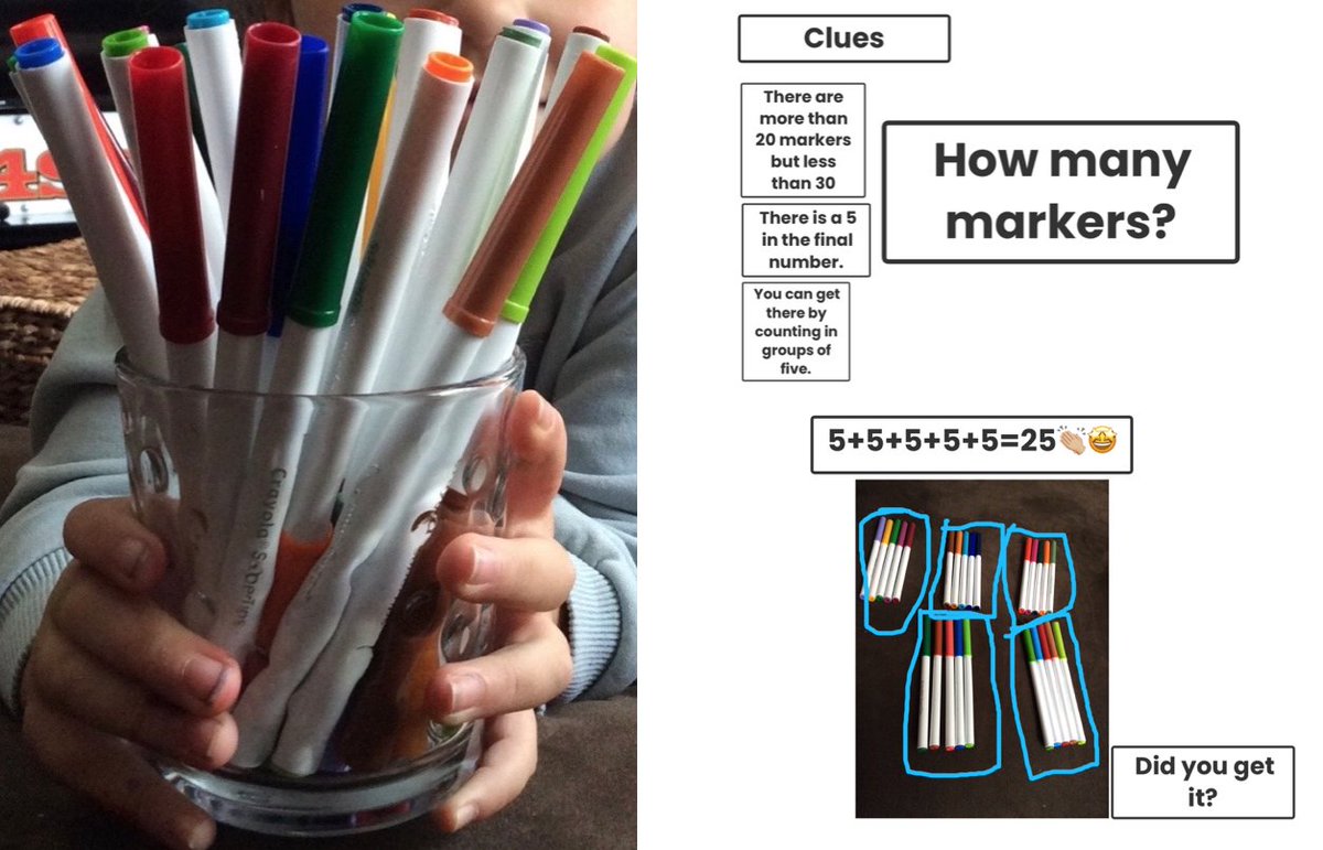 We did a <a href="/SteveWyborney/">Steve Wyborney</a> Esti-mystery over Zoom today &amp; then kids created a version of their own (except their clues led to only one answer as I thought this would be easier on their first try). Gets them thinking about place value, counting, decomposing &amp; comparing! #KMathAtHome