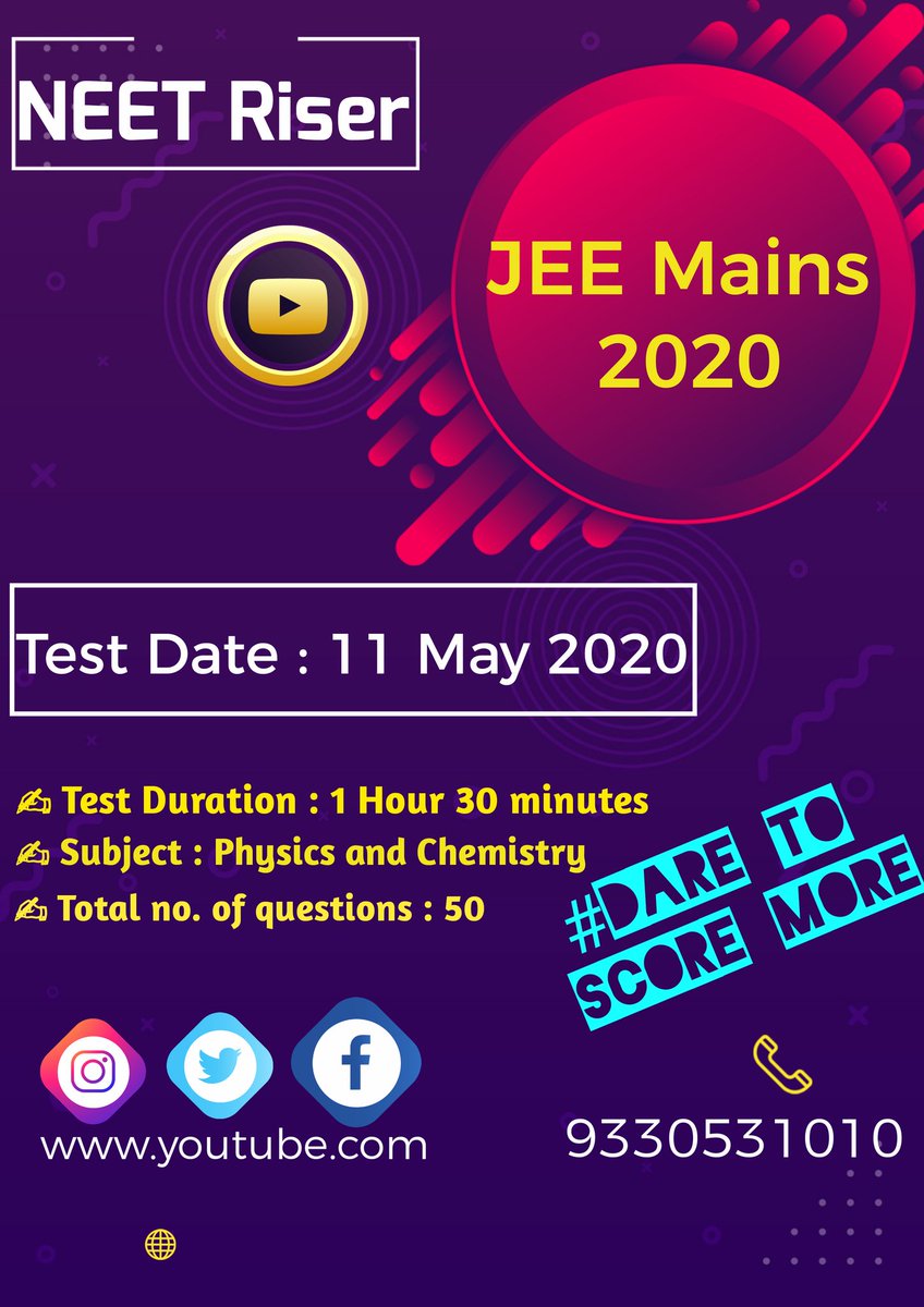 NeetRiser's tweet photo. Online Test  for JEE Mains 2020 on 11 May 2020 @ https://t.co/anJO4NtbW1
#Dare_To_Score_More
✍ Physics : Electrostatics  ||  Kinetic Theory of Gases 
✍ Chemistry : Some Basic Concepts of Chemistry (Mole Concept) ||  Solid States  ||  Solution. https://t.co/xU3zEuZTsh