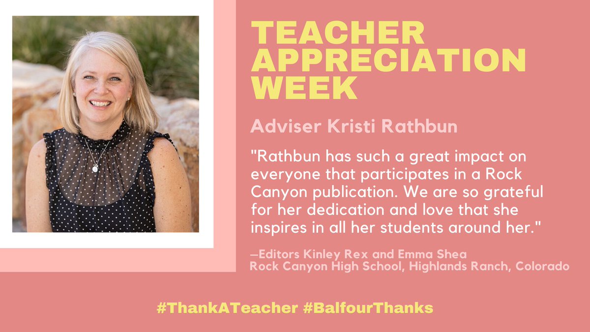 BalfourYB's tweet photo. It's Teacher Appreciation Week! In honor of our advisers, yearbook staffers are sharing the love. @rcbgyearbook @teacher_Rathbun @balfourcolorado 
#ThankATeacher #BalfourThanks https://t.co/tsqBQi2ued