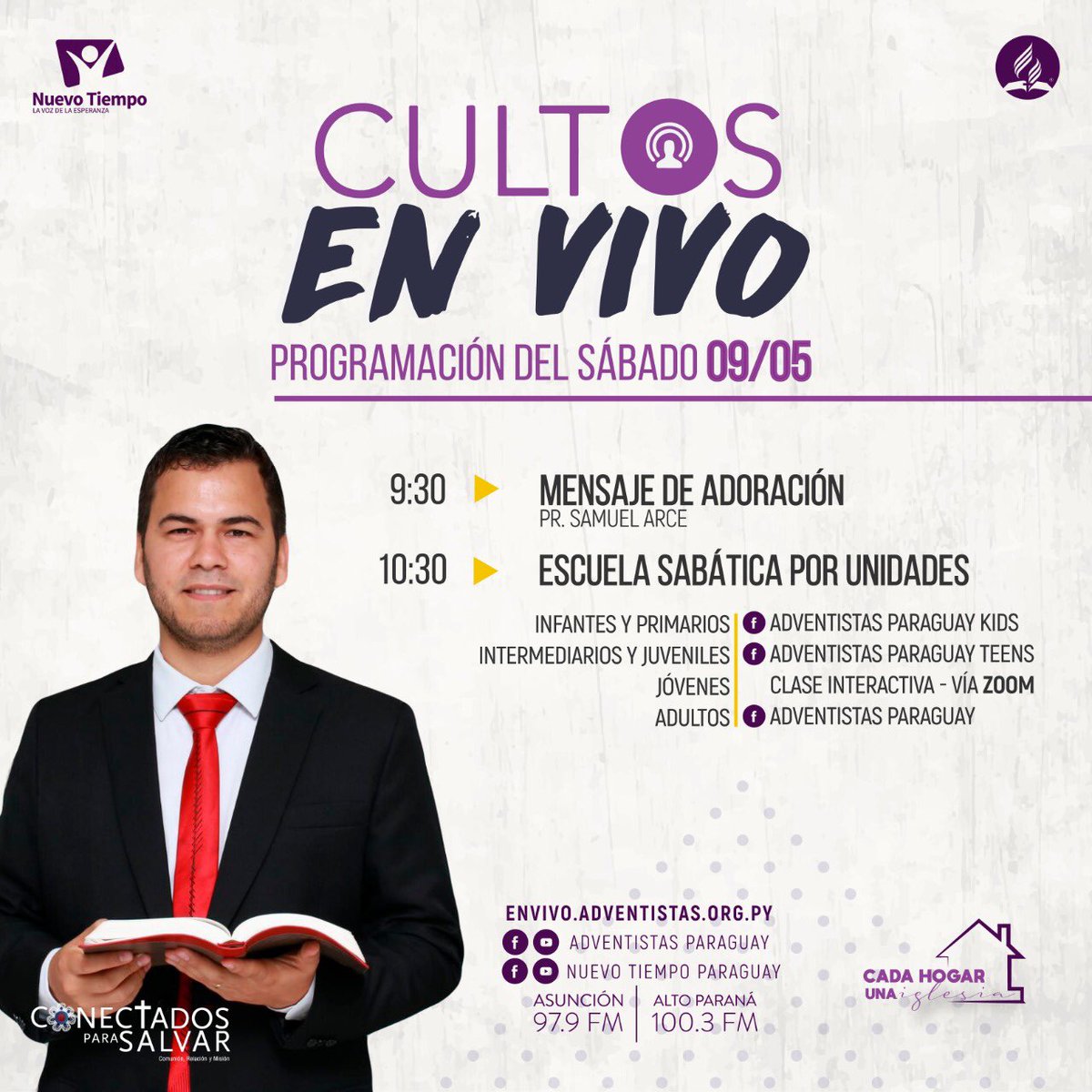 ¡Feliz Miércoles!😊
Te invitamos a participar del programa “Cada Hogar Una Iglesia” 
.
CULTOS ONLINE🔴
✨Sábado 9 de Marzo
🔸Adoración Especial 9:30 h
🔸 Escuela Sabática por Unidades 10:30 h