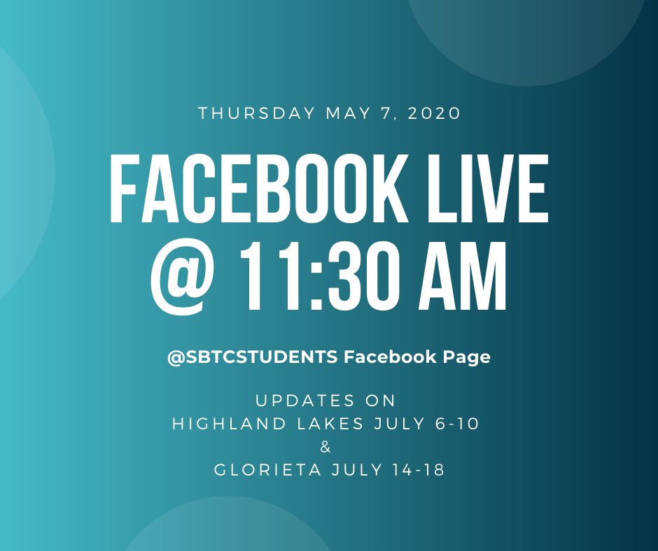 Join us tomorrow on Facebook LIVE for updates on July M3 Camp at Highland Lakes and Glorieta. 11:30am on the SBTC Students Facebook Page