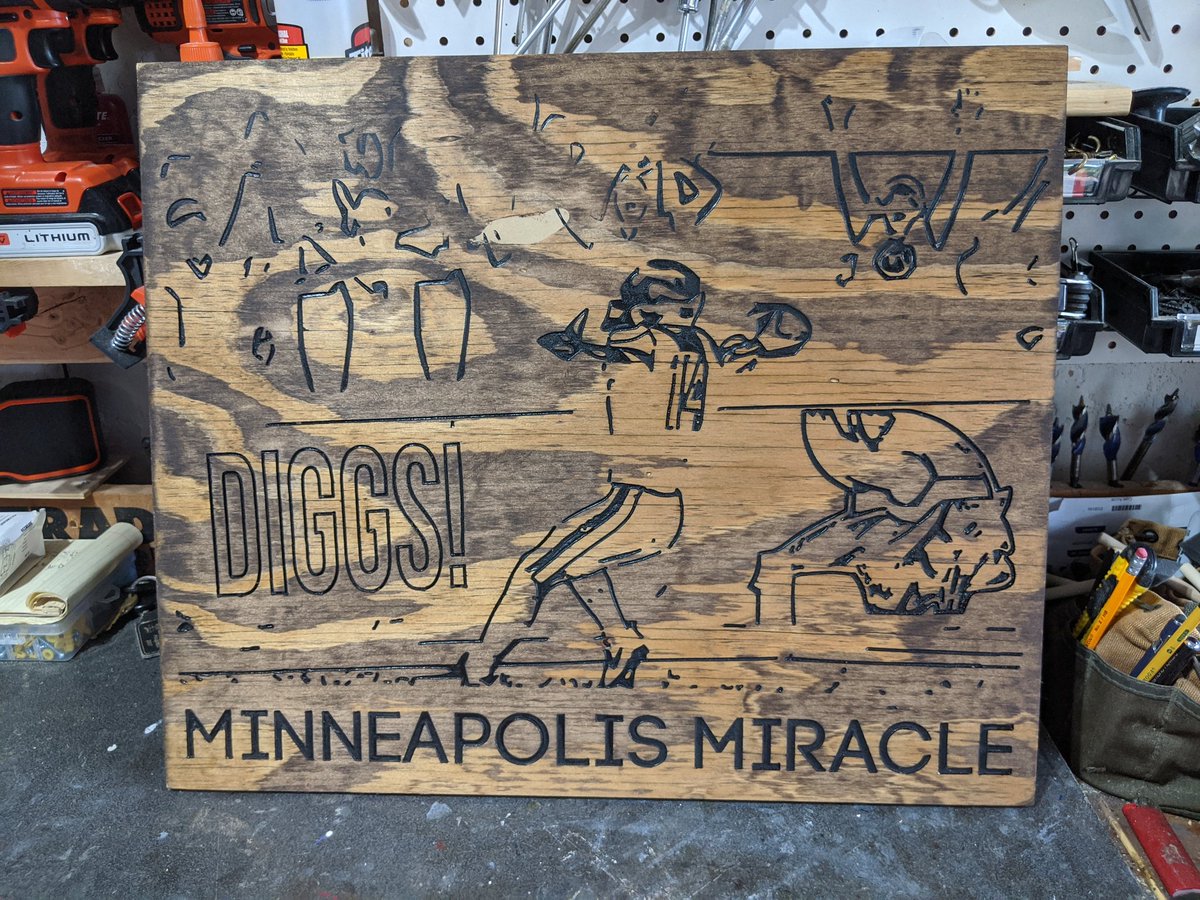 PCTapHandles's tweet photo. One more plywood piece for today.  It was an unbelievable play by @stefondiggs and a great call by @PAOnTheMic  Gonna miss 14 in purple, but big things to come for Buffalo.

#minneapolismiracle #vikings #hesloose #cnc #plywoodart https://t.co/a7a4pH0uC6
