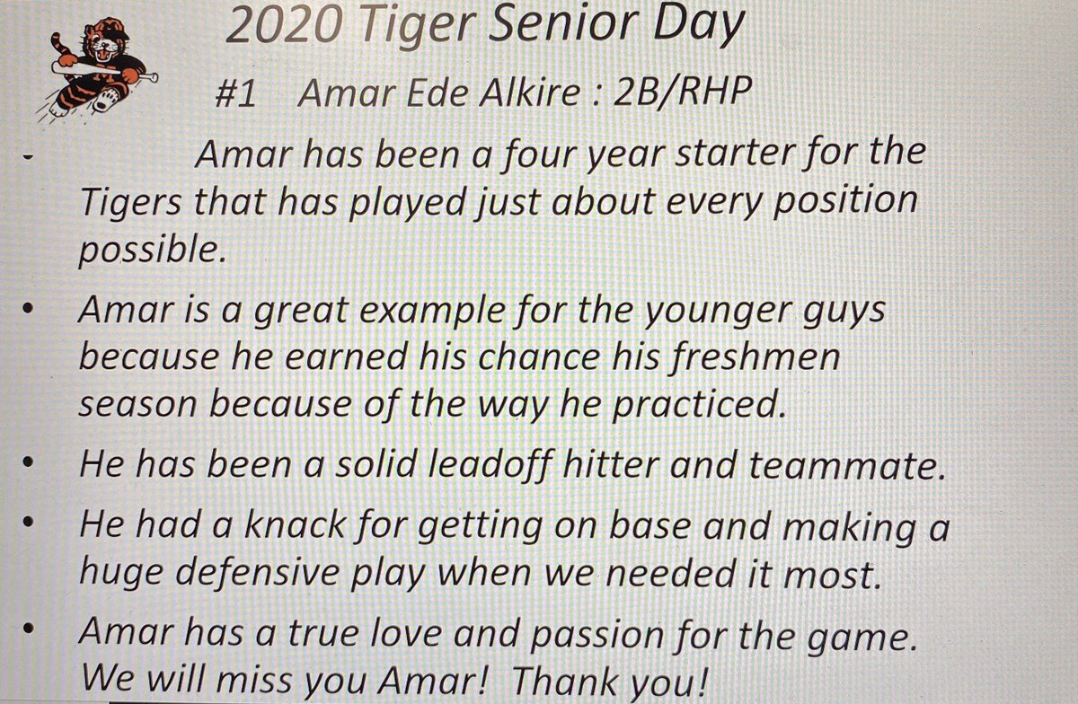 MTigerBaseball's tweet image. Tonight would have been senior night at the Duck so we would like to highlight our seniors. Our first senior is #1 @axea_22 Amar Ede Alkire. Thank you for your contribution to our program!