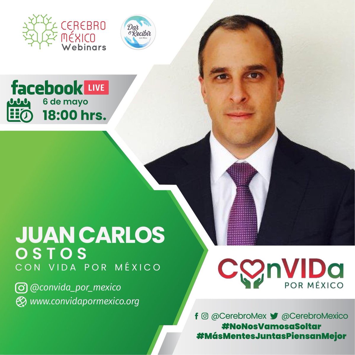 CerebroMexico's tweet photo. Invitamos a la sociedad civil a colaborar juntos.
Hoy Juan Carlos Ostos de Con Vida por México nos compartirá cómo podemos ayudar al personal del sistema de salud.
📆 Mayo 6, 2020
⏰ 18:00
📍#Facebooklive #CerebroMexico

#COVID19 #Mexico #Salud #Medico https://t.co/E6zvDzQ2VT