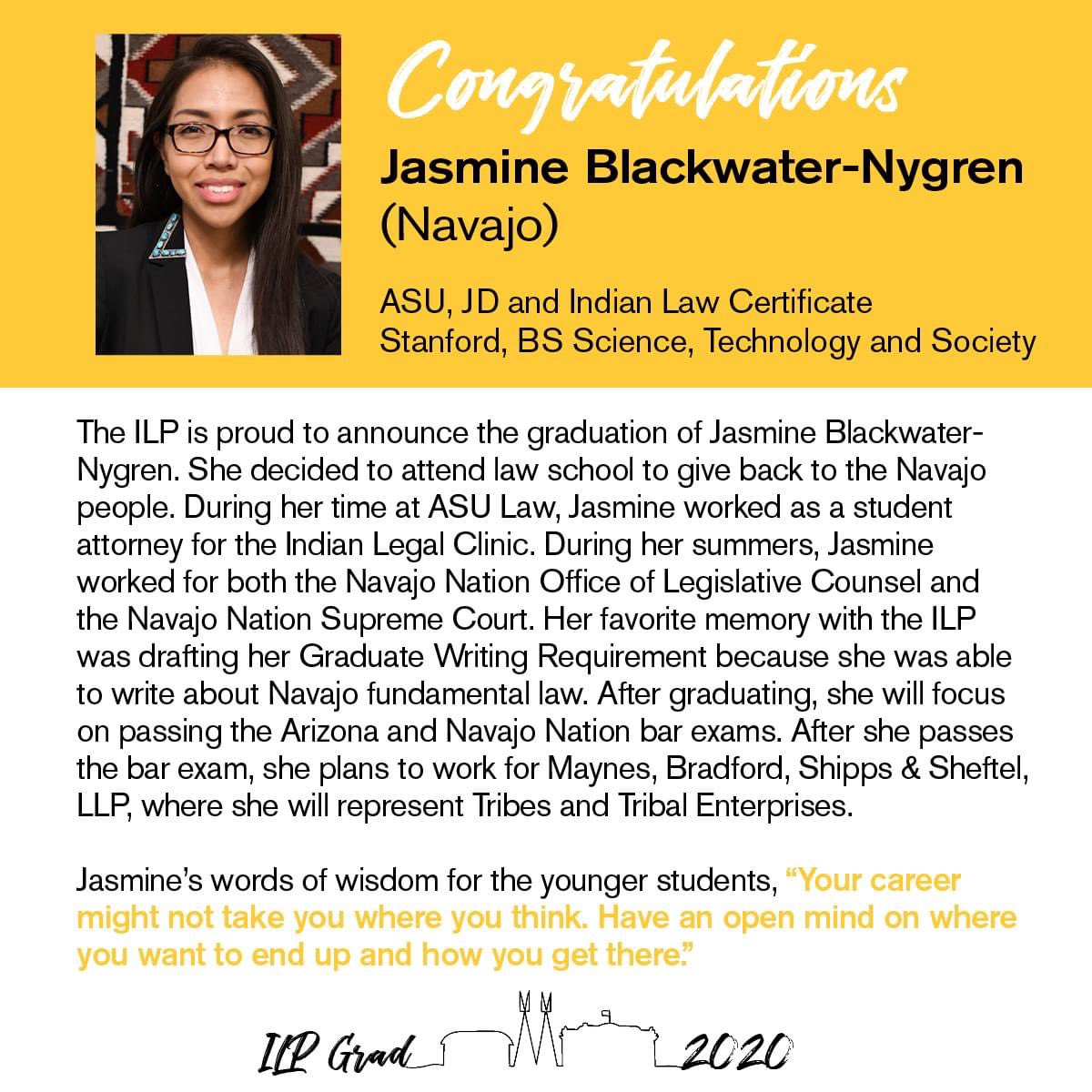 asuilp's tweet photo. We are pleased to announce the graduation of Jasmine Blackwater-Nygren! We look forward to seeing where your journey leads you. Congratulations! #ASUILP #ILPgrads2020 #2020NativeGrad #dearNativeGraduates https://t.co/yIghwIh0gs