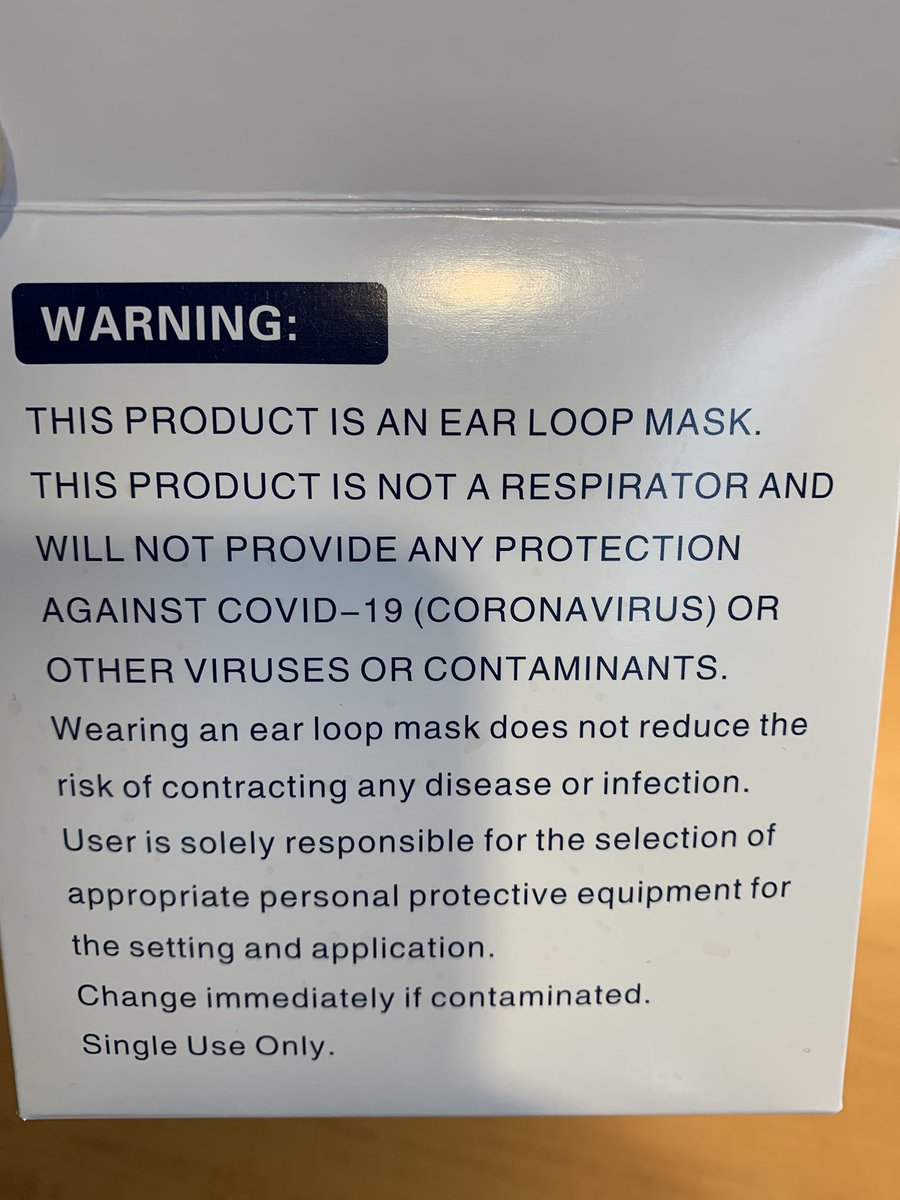 N0Botty's tweet image. The warning label on the box of masks supplied to give out to customers at a business in PA...
#COVID19 #MasksDoNotWork