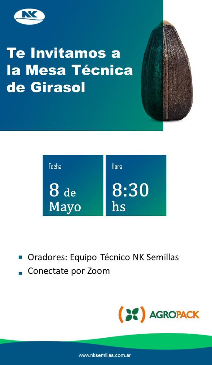 Agropack (@agropack) on Twitter photo Te invitamos esta mesa técnica sobre 🌻🌻 junto a <a href="/NKSemillas/">NK Semillas</a>
🗓 Viernes 8 de Mayo
🕜 8:30hs
Te enviaremos el link de Zoom para que puedas sumarte
Te esperamos online 💪 Te invitamos esta mesa técnica sobre 🌻🌻 junto a <a href="/NKSemillas/">NK Semillas</a>
🗓 Viernes 8 de Mayo
🕜 8:30hs
Te enviaremos el link de Zoom para que puedas sumarte
Te esperamos online 💪