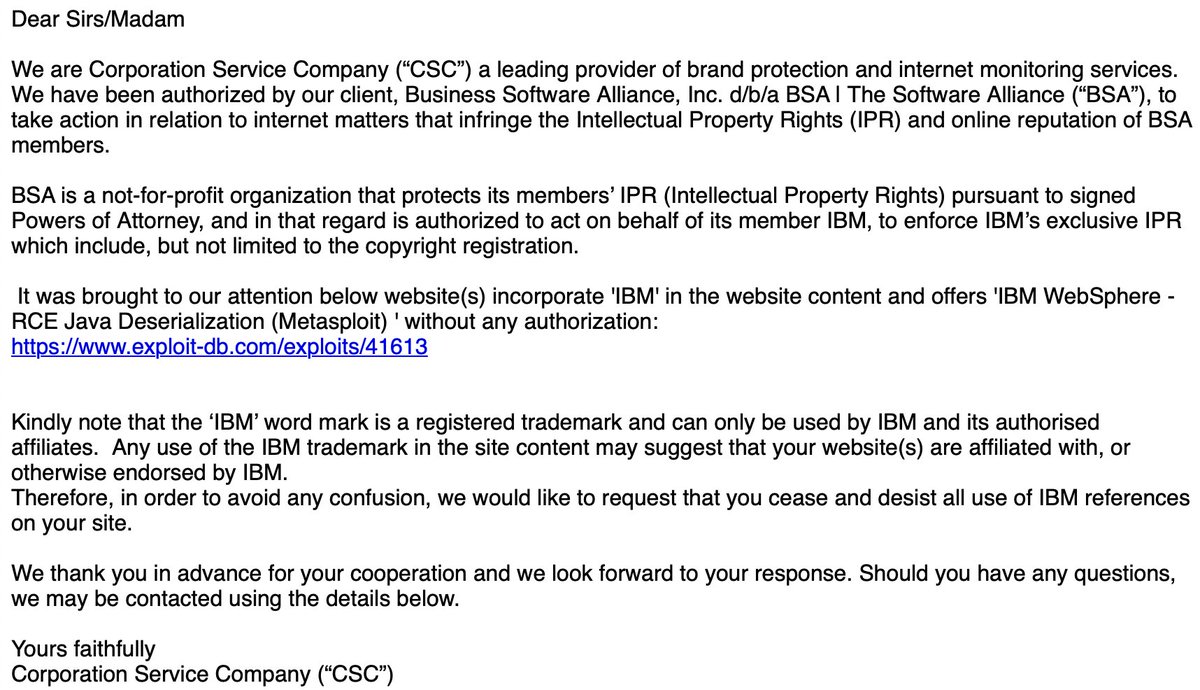 offsectraining's tweet image. So @CSCGlobal is doing take down requests on @ExploitDB for any entry that contains the string “IBM” on behalf of @BSAnews and @IBM. Very interesting. 
Anyone want to place bets on how this is going to turn out?
exploit-db.com/exploits/41613