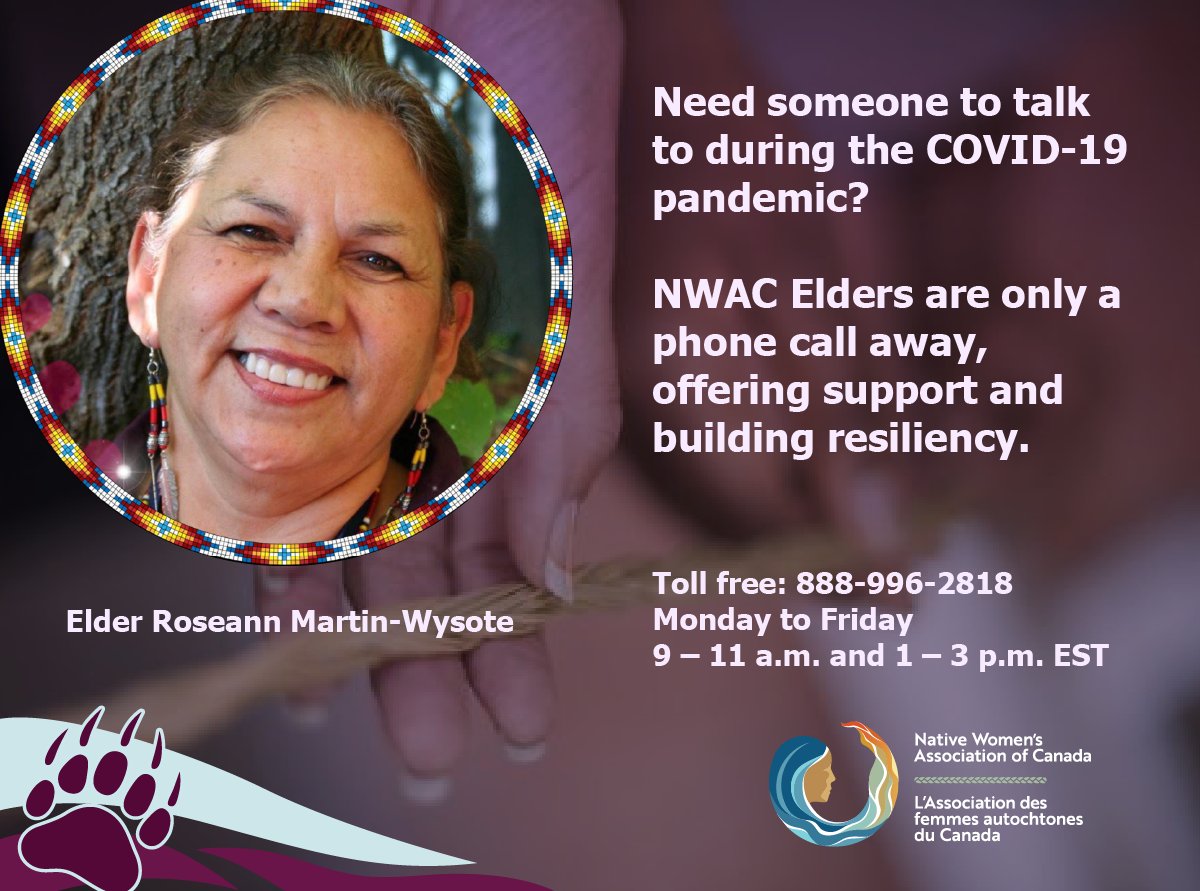 NWAC_CA's tweet image. This week, remembering our #MMIWG can ignite a lot of past pain &amp;amp; trauma. If you're having a hard time, reach out to one of our Elders on their toll free support lines:
Elder Roseann: 888-996-2818
Elder Annie: 888-996-5808
Elder Madeleine: 888-996-4808
Elder Roberta: 888-664-7808