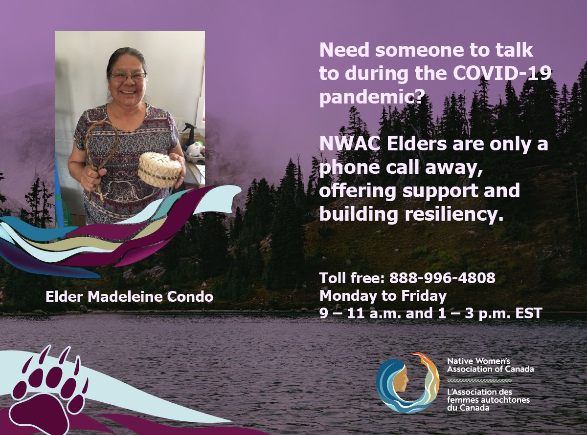 NWAC_CA's tweet image. This week, remembering our #MMIWG can ignite a lot of past pain &amp;amp; trauma. If you're having a hard time, reach out to one of our Elders on their toll free support lines:
Elder Roseann: 888-996-2818
Elder Annie: 888-996-5808
Elder Madeleine: 888-996-4808
Elder Roberta: 888-664-7808
