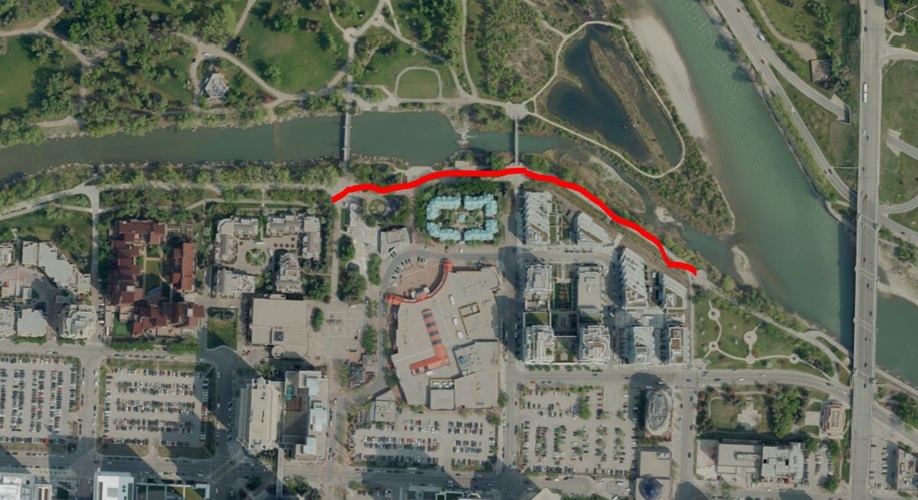 cityofcalgary's tweet photo. Eau Claire is a busy area, where it can be difficult to maintain a distance of 2m from others. To help with this, all cyclists must dismount along the pathway between 1 St. SE and 3 St. SW.
Use downtown avenues to bypass this section if you do not wish to dismount. #yycbike https://t.co/OBM4mQxl71