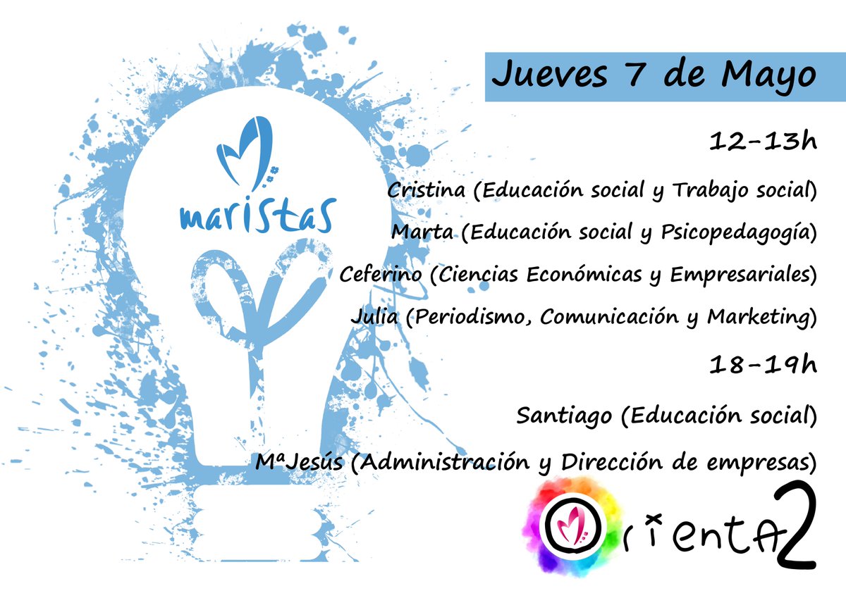 MaristasHuelva's tweet photo. Chicos de 4º de ESO, mañana nos vemos a las 12 y a las 18 en las Charlas vocacionales 2.0 de #Orienta2 #másqueaulas #eligeMaristas https://t.co/hwpso6ocLJ
