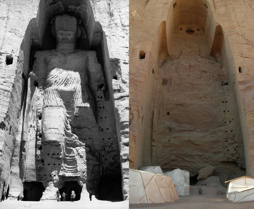 ReligionDharmic's tweet photo. The Buddhas of Bamyan were two 6th-century monumental statues of Gautama Buddha carved into the side of a cliff in the Bamyan valley in the Hazarajat region of central Afghanistan.
The statues were blown up and destroyed in March 2001 by the Taliban. 
#BuddhaPurnima https://t.co/UCW313397C