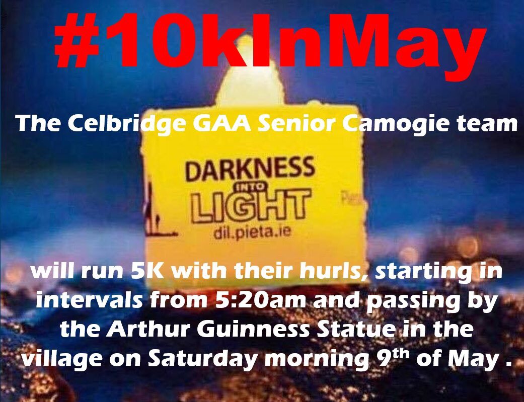 CelbridgeGAA's tweet photo. ★Run 10,000km to raise funds for 5 charities close to the hearts of Celbridge GAA Club members★

As one of our chosen charities, this weekend we are focusing on Pieta House. 

The link for donations is: ⬇️⬇️⬇️

https://t.co/4EGnhn54wB

#DILSunriseAppeal #DIL2020 #10KinMay https://t.co/hn0Ch6k8E6