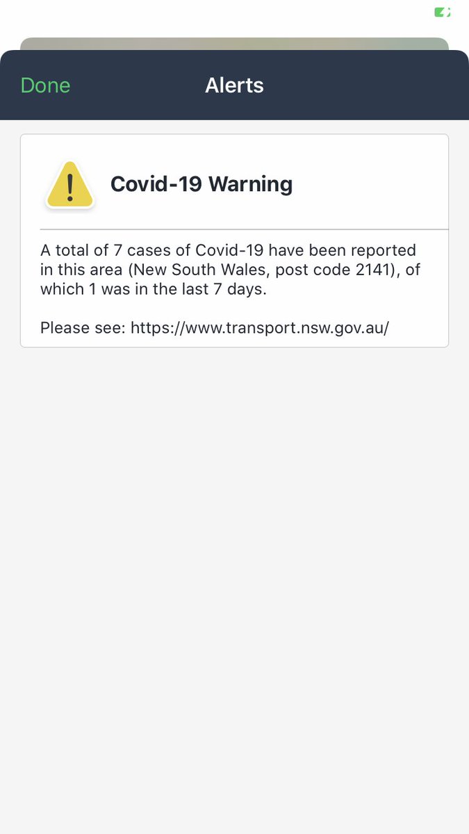 DataTfNSW's tweet photo. @TransportforNSW endorsed transport app @TripGo now has #COVID19 alerts on iOS and web. Based on #NSW postcode data, alerts will display in grey or yellow depending on the number of recent cases in the area. https://t.co/WmHfPnujmN