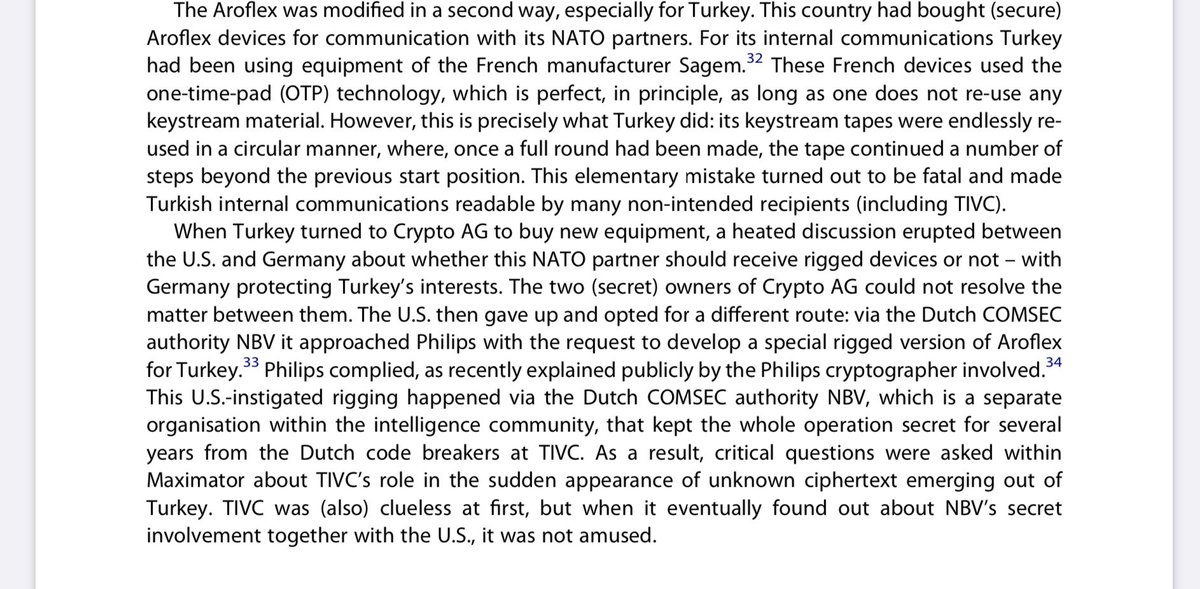 +Türkiye, İsviçreli #CryptoAG den #Aroflex şifreleme cihazlarını almak istediğinde NATO ülkesi olmamızdan dolayı Almanya buna karşı çıksa bile Amerika gizlice Philips ile anlaşarak zafiyet içeren şifreleme cihazlarını Türkiye’ye sattığını anlatıyor.