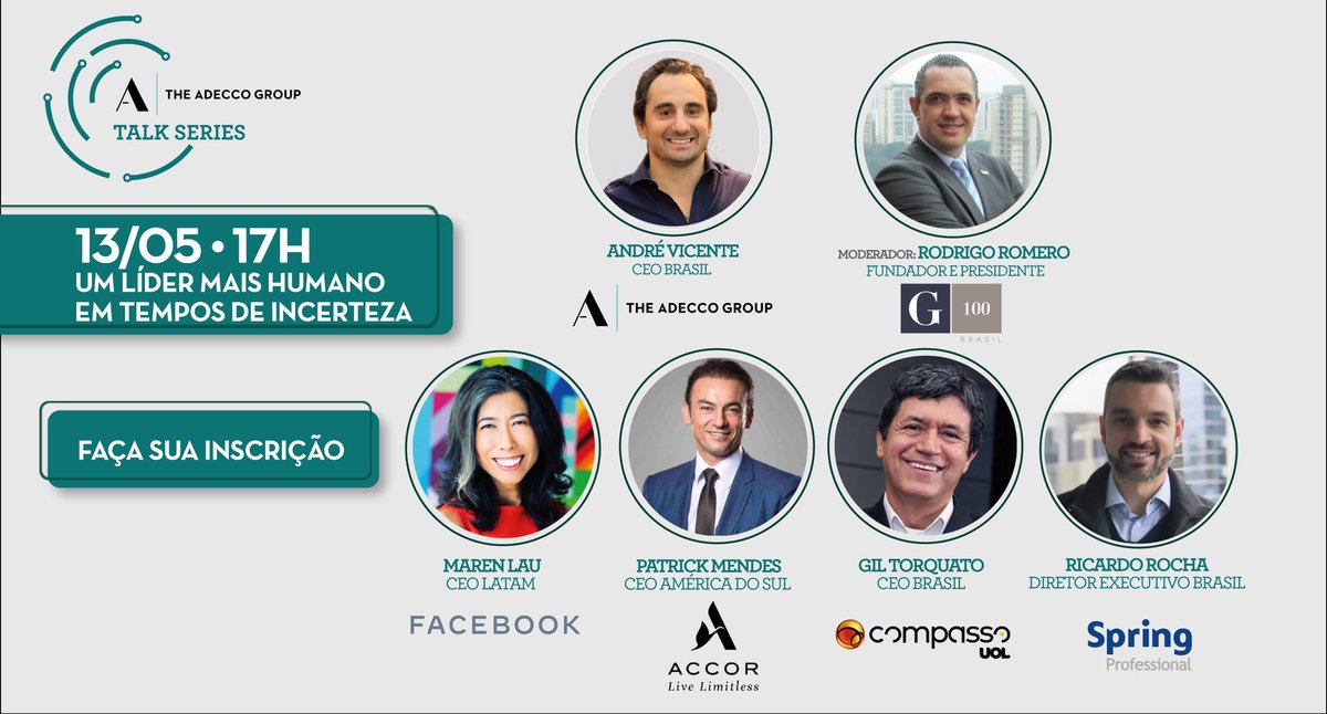 AdeccoBrasil's tweet photo. Um líder mais humano em tempos de incertezas. Eles vão conversar com você. Inscrições abertas aqui: https://t.co/AAUaa0oayI  
#Facebook #Accor #Uol #SpringProfessional #TheAdeccoGroup #G100  #Webinar https://t.co/W9g6W2wrHm