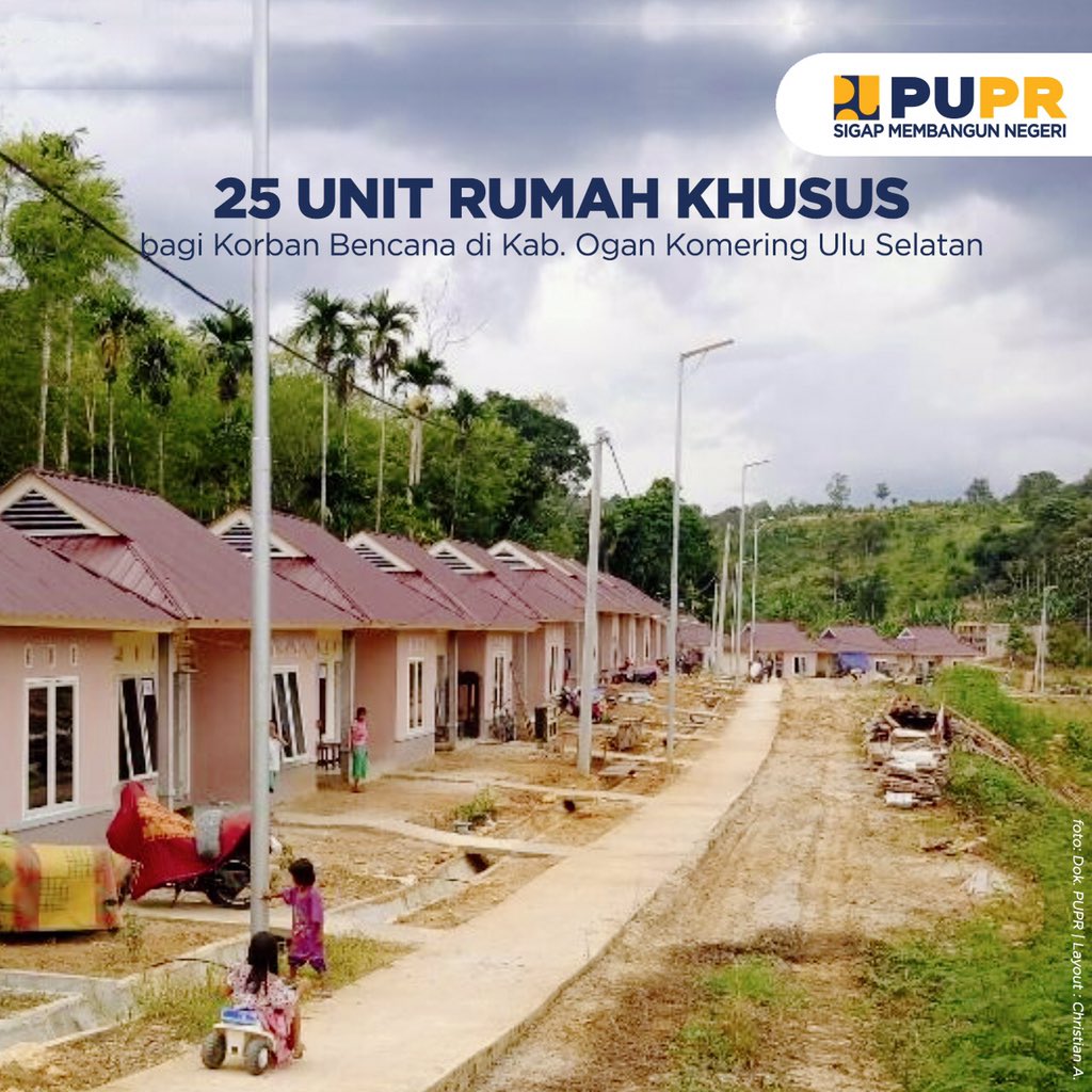 Kementerian PUPR melalui @perumahan_pupr telah menyelesaikan pembangunan 25 unit rumah khusus (rusus) tipe 28 m2 bagi warga yang terdampak bencana di bantaran Sungai Ogan Komering Ulu Selatan, Sumatera Selatan.

#PUPRTanggap #WaspadaCOVID19 
#RumahKhusus 
#SigapMembangunNegeri