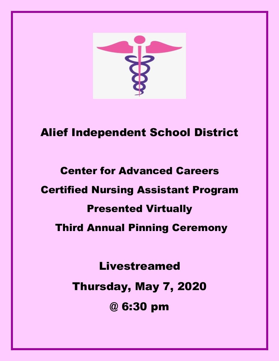 Alief_Career's tweet photo. Don't forget to join us tomorrow at 6:30 pm for the CNA Pinning Ceremony. Livestream Link will be available via our website and Social Media. Come celebrate all that these students have accomplished. @AliefCTE @AliefISD @s_saverin @GreerMorris4 #aliefleads https://t.co/ZpSjoS1FLo