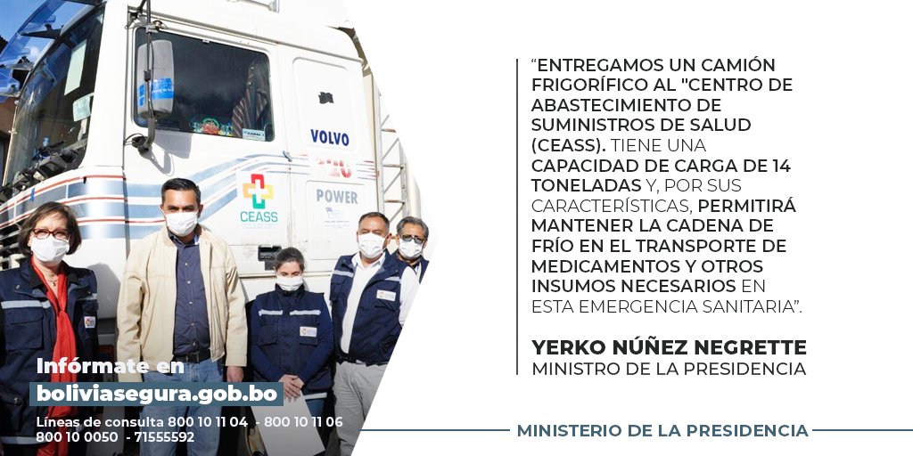 MinPresidencia's tweet photo. 🔴 El gobierno entrega un camión frigorífico al #CEASS para la lucha contra el #Covid_19 .
#CoronavirusBolivia
#QuedateEnCasa https://t.co/A1yPiGPWGJ