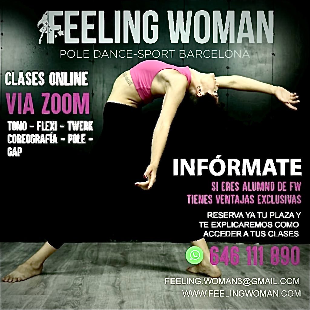 FeelingWomanBCN's tweet photo. Clases online en nuestra cuarentena. No dejes de moverte. Pide info. #feelingwoman #lamansiondelpole @FeelingWomanBCN https://t.co/FcmhYCsk6s