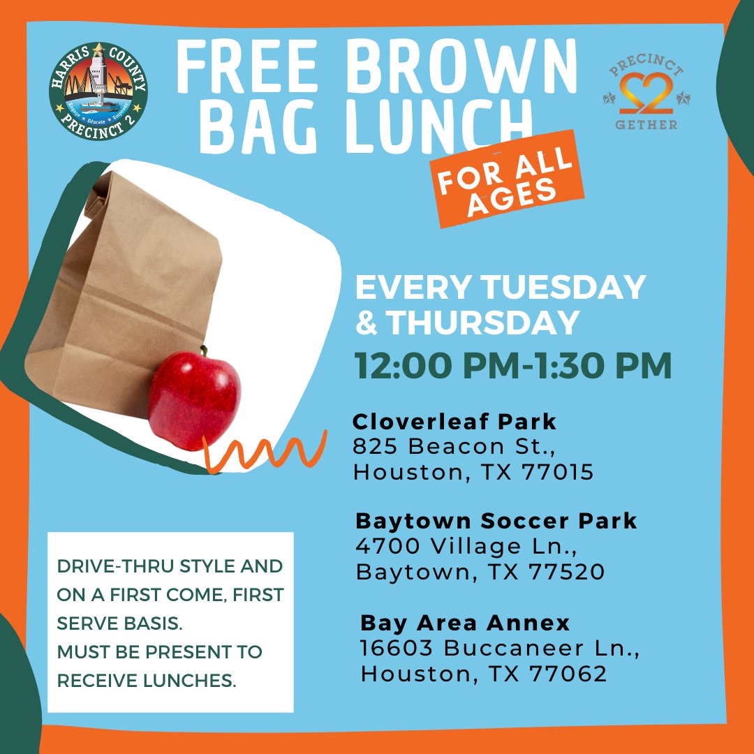 HarrisCoPct2's tweet photo. Tomorrow, two Precinct 2 Parks and the Bay Area Annex will be handing out #FreeBrownBagLunches! Be sure to come us out starting at noon. #FreeLunch #Pct2Strong #InIt2gether https://t.co/iEBzyBH5Jq