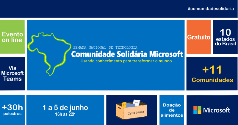 Comunidade Solidária Microsoft
Nossa vocação é a TECNOLOGIA, JUNTOS 12 Comunidades Técnicas brasileiras, UNIDOS para falar de Tecnologias Microsoft, com uma OBSESSÃO de arrecadar e doar milhares  de refeições.
bit.ly/comunidadesoli… 
#comunidadesolidaria