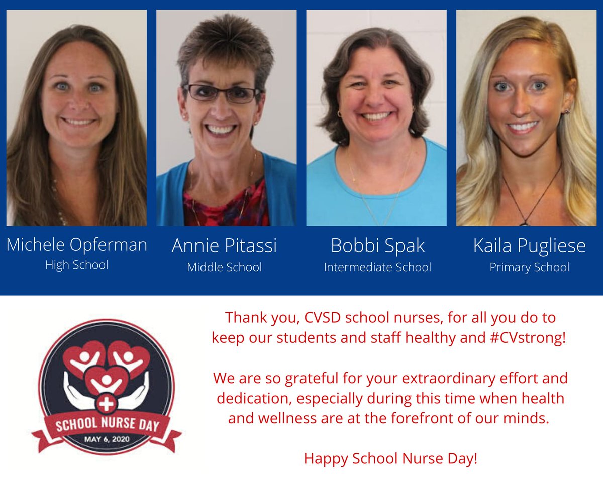 CVSDcolts's tweet image. Happy School Nurse Day to these incredibly caring ladies!  

We are so thankful for all they do to keep us healthy and #CVstrong!  

Leave your message for Nurses Opferman, Pitassi, Spak, and Pugliese in the comments below.