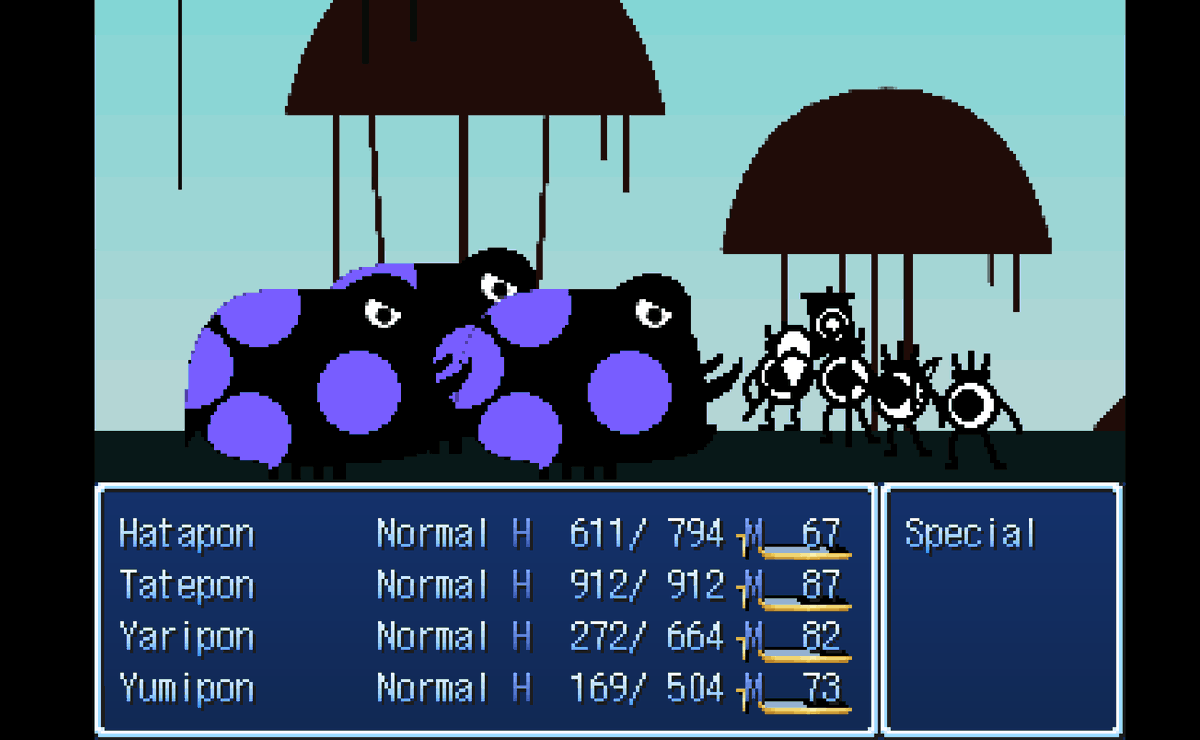 NeuroSlasher's tweet photo. @lukesighwalker @circuass #RPGMaker2020 Its an interesting idea to give the player such limited control of the characters! Only being able to play songs with Hatapon that don't directly affect the enemies is tough! It's almost as though you have to plan further ahead, through allied and then enemy actions https://t.co/RNmZmmmi9S