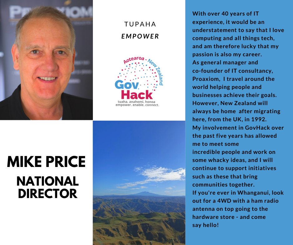 GovHackNZ's tweet photo. Ko Mike Price tēnei!
Meet Mike the GovHack Aotearoa NZ National Director.
'My involvement in GovHack over the past five years has allowed me to meet some incredible people!'
#GovHackNZ #tupaha #empower #honoa #connect #aahei #enable #orokohangamga #create #honoa #share https://t.co/ejABELod35
