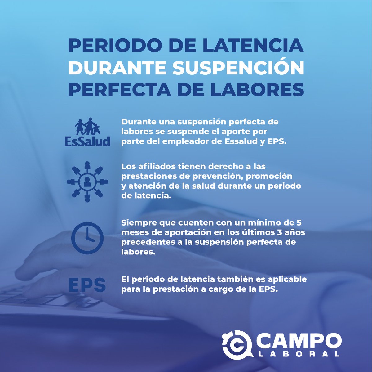 CampoLaboral's tweet photo. El trabajador no percibirá remuneraciones (máximo 90 días), sí seguirá contando con la cobertura de Essalud, gracias a que el Estado asumirá el costo de ese beneficio #cobertura #saludybienestar #campolaboral info@campolaboral.pe https://t.co/0FA283L8fO