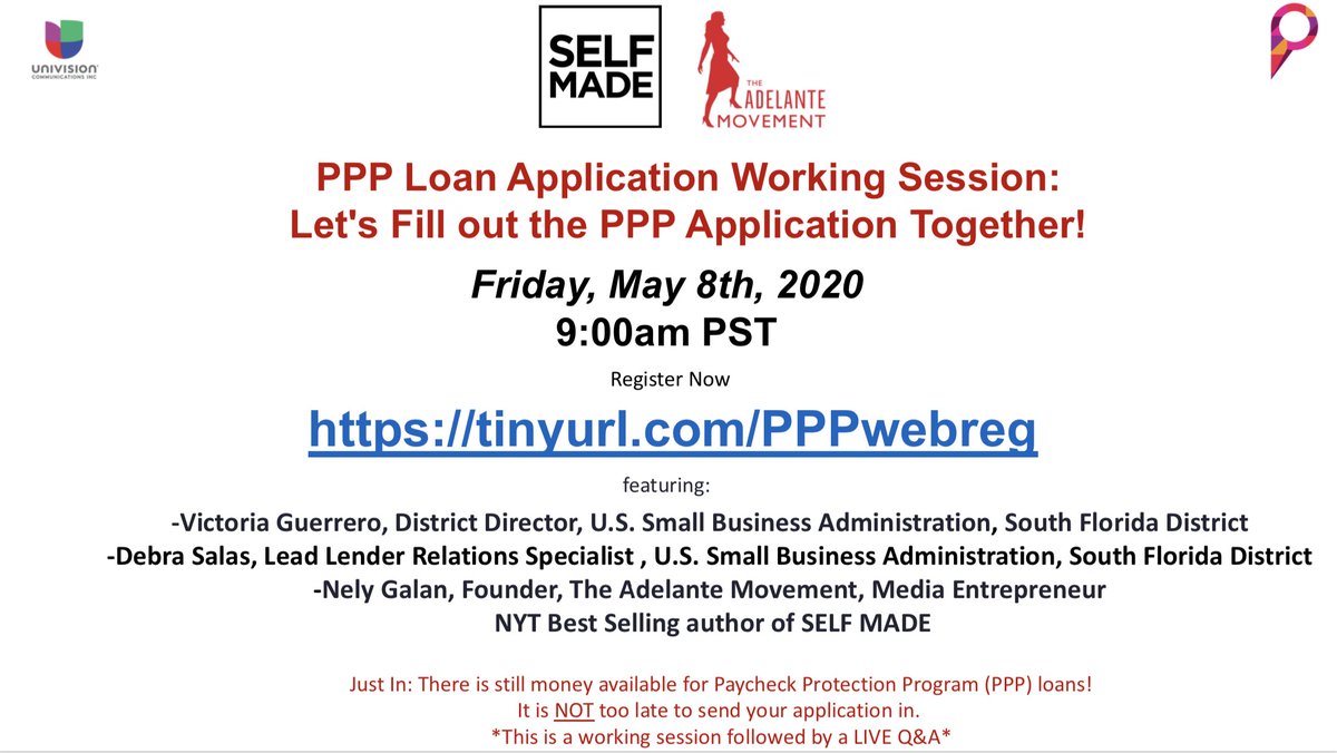 Just In: There is still #money available for #PPP loans. I encourage all #smallbusiness owners to continue to apply. It is NOT too late! 

Join our working session! We will walk you through the PPP app step by step, followed by a #LIVE Q&amp;A.

Register now: us02web.zoom.us/webinar/regist…
