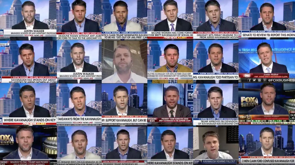 Screenshot from a video produced by the Senate Democrats in opposition to Justin Walker's nomination. The graphic shows a grid of 24 times Walker appeared on cable news in 2018 to defend Brett Kavanaugh.