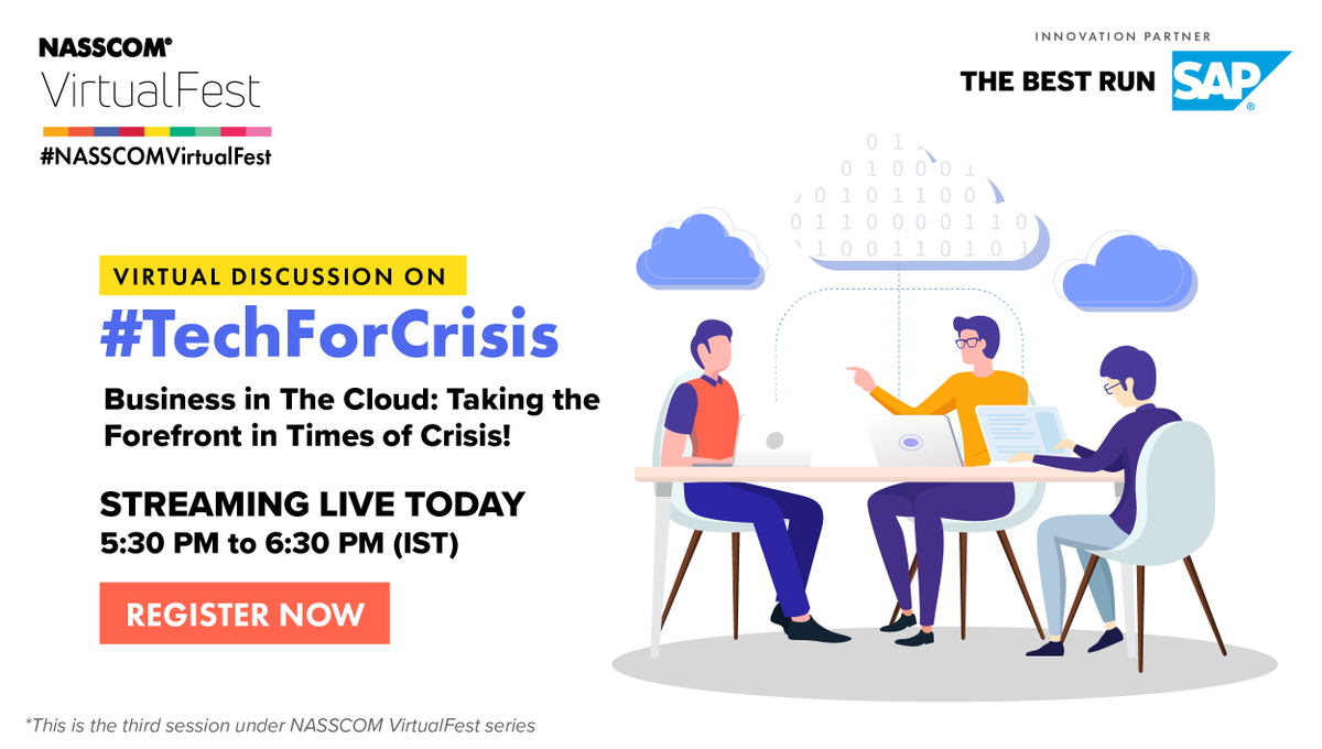 NasscomEvents's tweet photo. The #cloud is creating a #tech revolution that holds answers to organisations concerns during this #crisis. Catch #NASSCOMVirtualFest's 3rd session on #TechForCrisis live stream TODAY to witness an expert panel reflect over future of #businesses. Register https://t.co/7QtsH5B816 https://t.co/yX3OJQU0Bz
