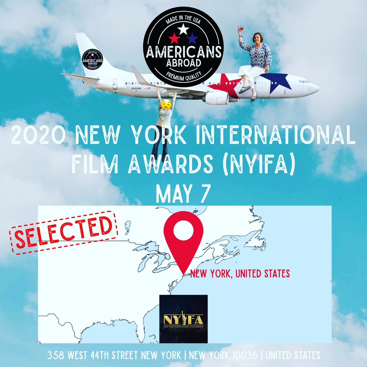 amer_abroad's tweet photo. Americans Abroad is traveling the world on the Film Festival Circuit!  Stay tuned for more destinations and awards! 
*design by Selina Mellert-Ott
#filmfestival  #nyc #americansabroad https://t.co/jYPTA04mm8