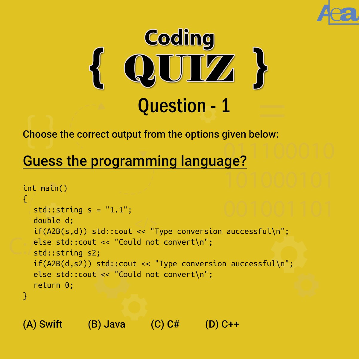 AleaIT's tweet image. Hello Tech Geeks !!
Participate in ALEA QUIZ CHALLENGE. Leave your answer in Comment Section & Tag 3 friends to challenge them.
The one who will give max. right answers will be declared as Coding Ninja of the week.
#Aleacodingninja # aleacodingdose
#CodingChallenge1 #week1