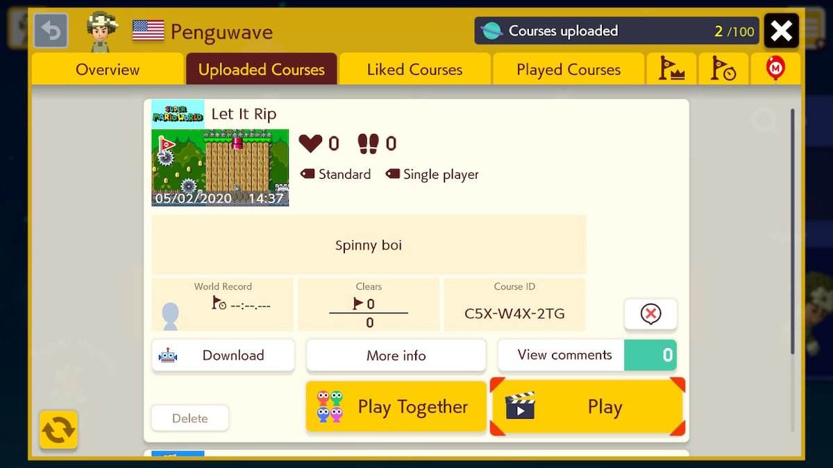 penguwave's tweet photo. My first few #SuperMarioMaker2 levels! Try 'em out #NintendoSwitch https://t.co/sicT6mTc43