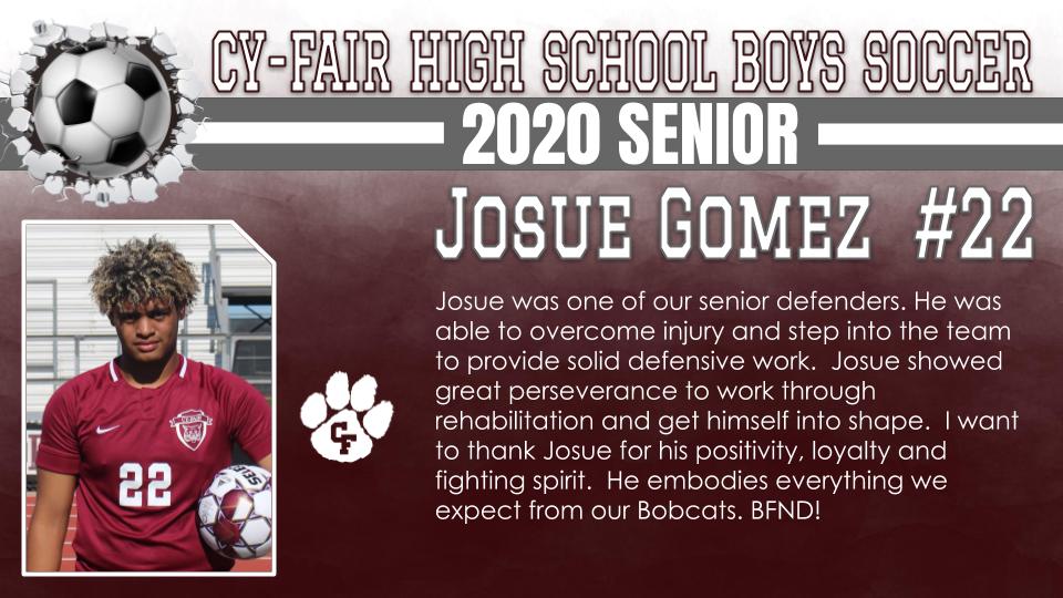 BFNDAthletics's tweet photo. Next up as we recognize senior athletes are our Class of 2020 Cy-Fair Bobcat Boys Soccer players. Jacob Schultz, Josue Gomez, Santiago Ramirez, Ricardo Miranda! #BFND #CFHS2020 https://t.co/7THkxSpIho