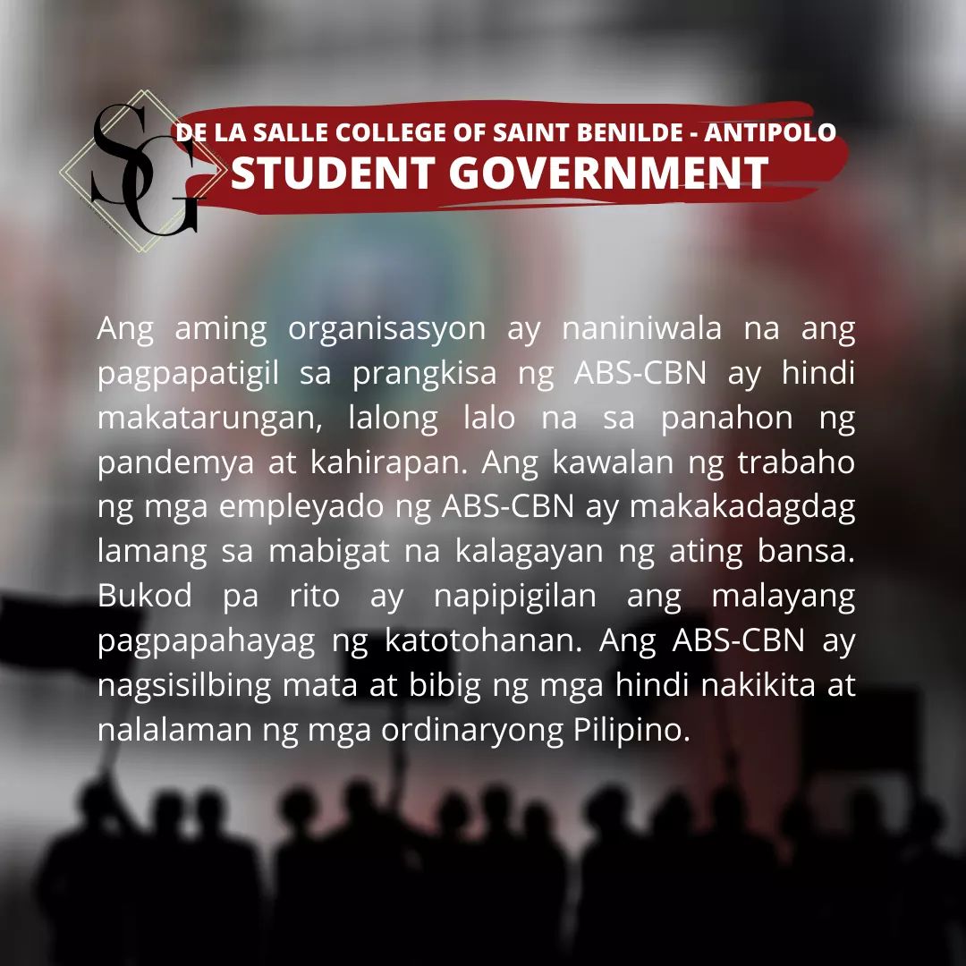 benildeantipsg's tweet photo. Bilang organisasyong namumuno sa mga mag-aaral ng Benilde Antipolo, ito ang aming posisyon sa problemang kinahaharap ng ABS-CBN na problema rin ng ating bayan. 

#NoToABSCBNShutDown
#DefendPressFreedom
#BeSGUpdated https://t.co/wMGZsSRaLi