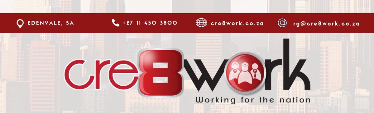 CRE8WORKSA's tweet photo. Work for the Nation! Read our latest article on Facebook. 
011 450 3800
https://t.co/jMQcFDbmSX
rg@cre8work.co.za https://t.co/K9IJrargBt