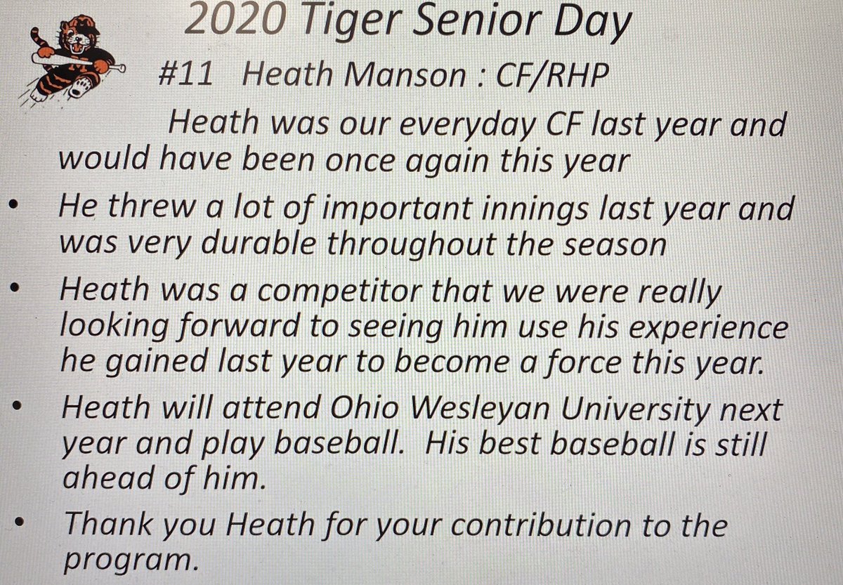 MTigerBaseball's tweet image. Our final senior for 2020 is @heath_manson27 Heath Manson. Thank you Heath for your contribution to our program!
