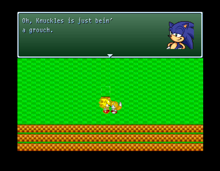 NeuroSlasher's tweet photo. @alligatorsky__ @necropocene @AugustaPlays @circuass @kwandrus @lukesighwalker #RPGMaker2020 I wonder if the game is tracking that I spoke to Knuckles before Tails. I like the dialogue's polish too, such as the slang "bein' " that Sonic uses.

Lightning the Hedgehog is so fast, not sure if he isn't possible to talk to, but that won't stop me from trying! https://t.co/wGQZKU8YE0
