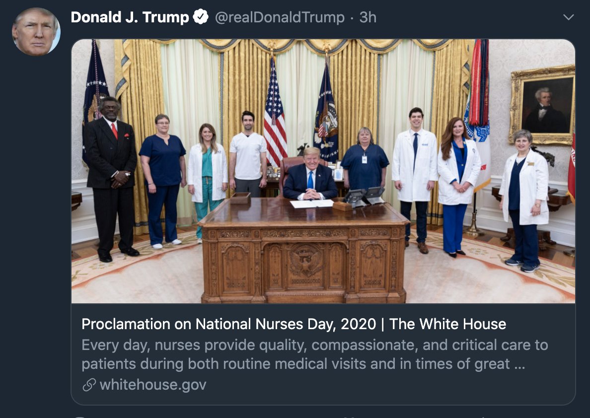 Grai_Joseph's tweet image. He always takes a💩on his own positive press. Nine idiots posing in the Oval without masks to celebrate National Nurses Day. #BadExamples To every other nurse I say #ThankYouNurses because you take care of us when we can&apos;t take care of ourselves. You really are the best of us.