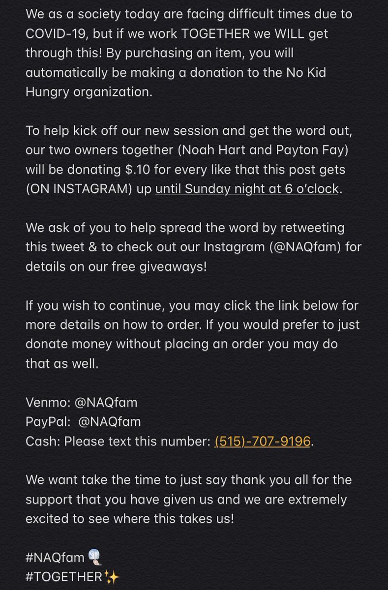 NoahHartx1's tweet photo. Going forward, NAQfam will be donating ALL proceeds to the No Kid Hungry organization. ❤️✨

https://t.co/L2bc3JlmWn https://t.co/JrQA7J0TUH